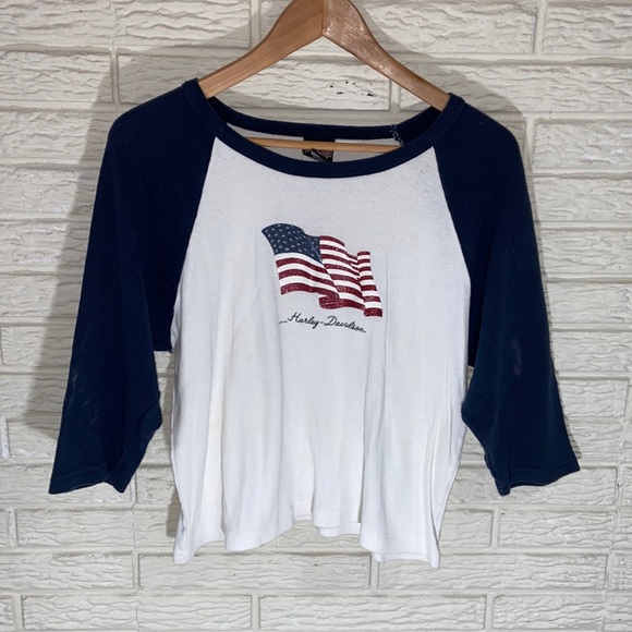 Harley Davidson American Flag 3/4 Sleeve Baseball Tee Ft. Lauderdale Florida - Picture 1 of 8